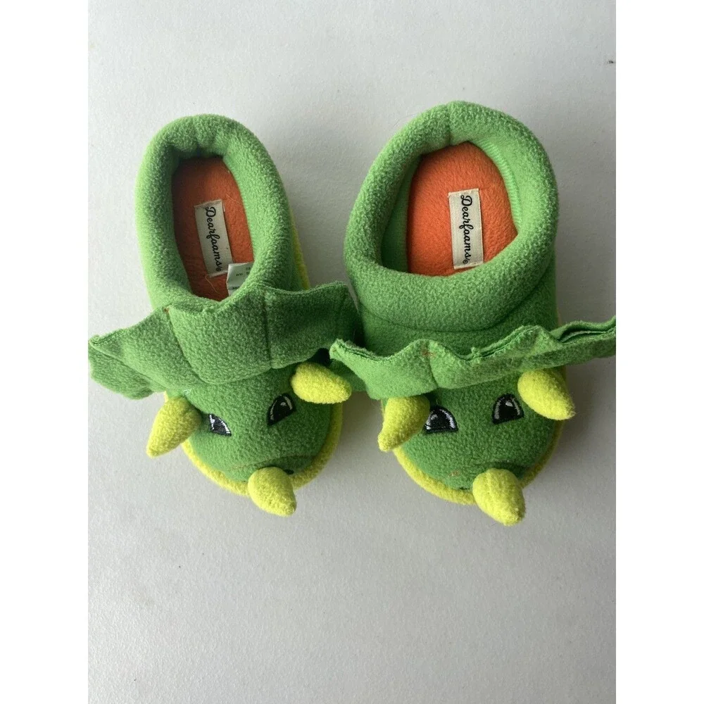 Dearfoams Dinosaur Triceratops Plush Slippers Green Toddler Size 7-8 US